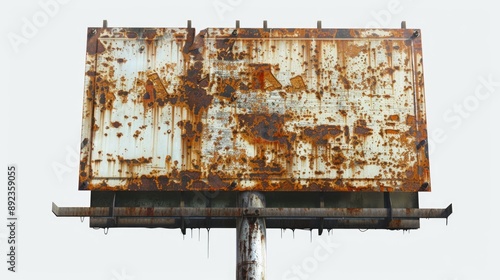 A rusty old billboard stands on a pole against a bright white sky, with room for creative use