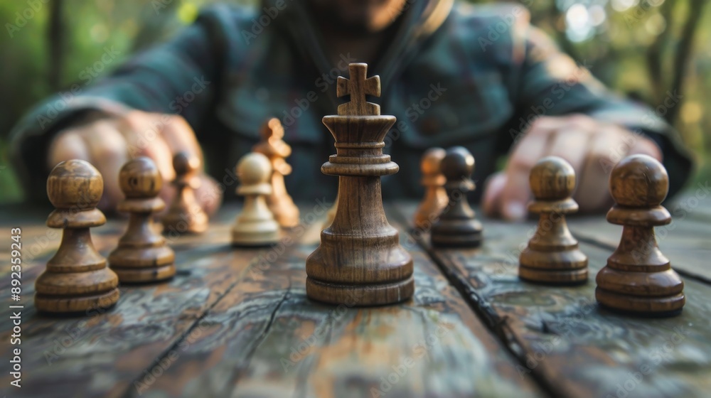 Group of people sitting around a table with wooden chess pawns Group of people sitting around a table with wooden chess pawns