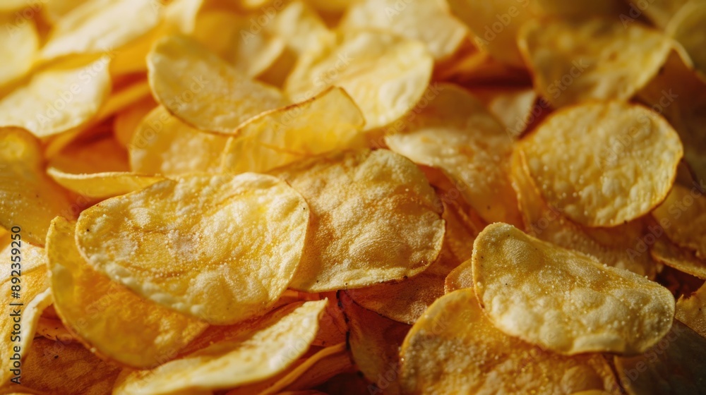 A pile of potato chips sitting on a table, perfect for snacking or as a decorative element A pile of potato chips sitting on a table, perfect for snacking or as a decorative element