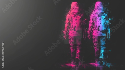 Two figures, one pink, one blue, walking away from the viewer