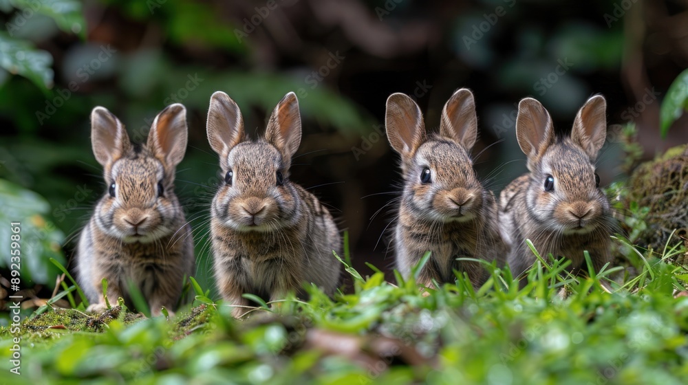Fototapeta premium Four rabbits with long ears and curious eyes look directly at the camera