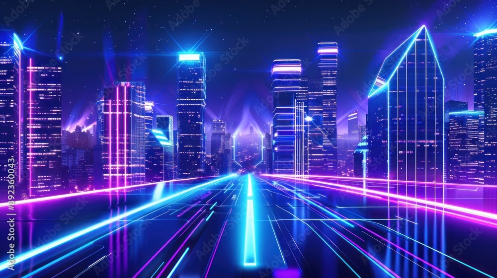 Neon Cityscape with Speeding Lights Neon Cityscape with Speeding Lights