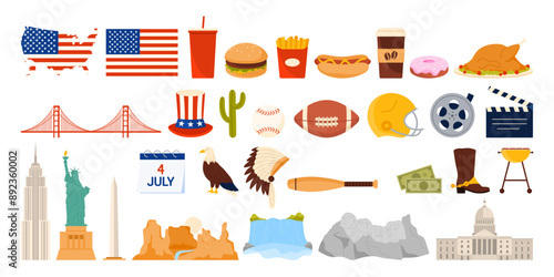 Travel to United States of America set. American culture and heritage city landmark stickers collection, fast food and flag, bridge and buildings, eagle and baseball cartoon vector illustration