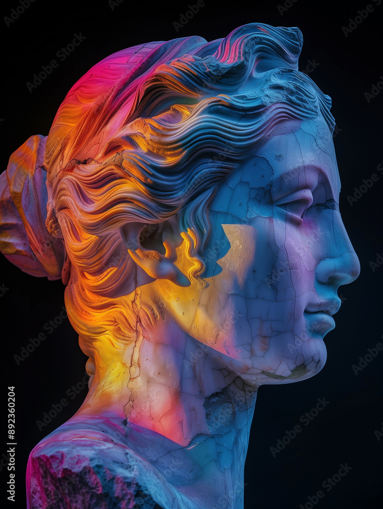 Ancient plaster head of Venus in gradient bright and saturated RGB colors isolated on black background Ancient plaster head of Venus in gradient bright and saturated RGB colors isolated on black background