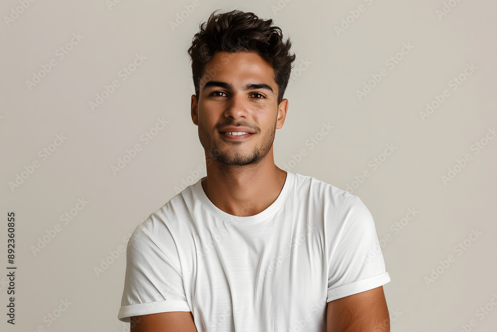Young male model with natural skin texture, wearing a white t-shirt Young male model with natural skin texture, wearing a white t-shirt