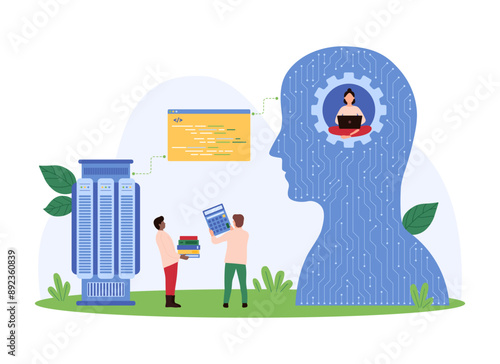 Server and database management using AI. Tiny developers work with artificial intelligence, people develop software code with digital virtual assistant inside human head cartoon vector illustration