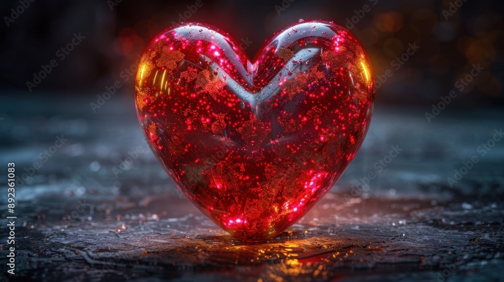 A heart-shaped glass object glows with a warm, red light on a dark, wet surface A heart-shaped glass object glows with a warm, red light on a dark, wet surface