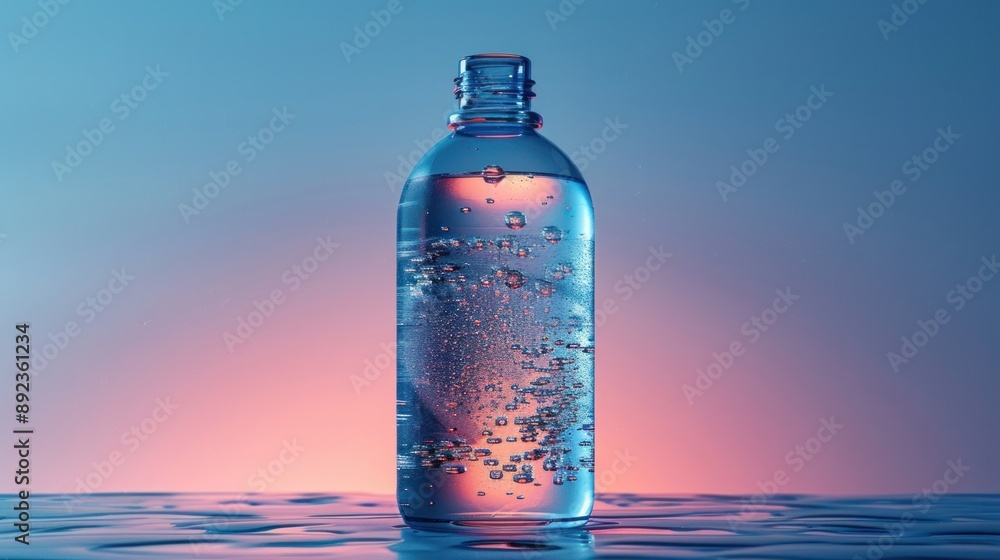 A glass bottle filled with sparkling water sits on a reflective surface A glass bottle filled with sparkling water sits on a reflective surface
