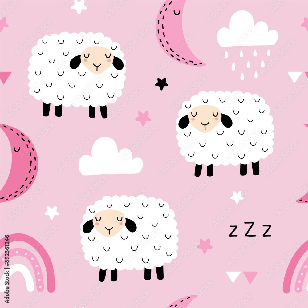 Seamless pattern with cute sheep, moon, rain, rainbow, star and cloud for your fabric, children textile, apparel, nursery decoration, gift wrap paper, baby's shirt. Vector illustration Seamless pattern with cute sheep, moon, rain, rainbow, star and cloud for your fabric, children textile, apparel, nursery decoration, gift wrap paper, baby's shirt. Vector illustration