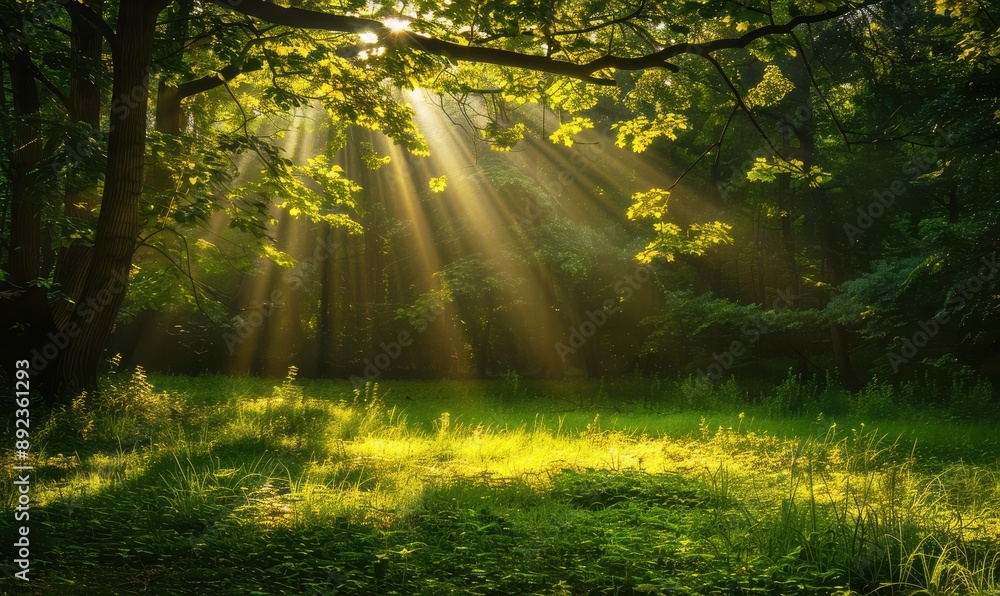 Fototapeta premium Sunbeams filter through the lush greenery of a serene forest, creating a magical atmosphere. Free copy space for text.