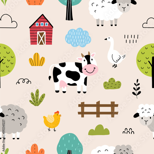 Seamless pattern with animals  farm and tree for your fabric, children textile, kids apparel, nursery decoration, gift wrap paper. Vector illustration