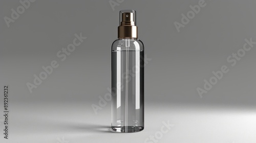 A clear glass bottle with a gold sprayer sits on a grey surface