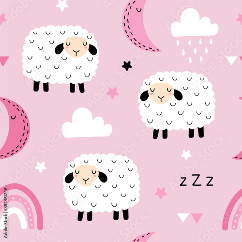Seamless pattern with cute sheep, moon,  rain, rainbow, star and cloud for your fabric, children textile, apparel, nursery decoration, gift wrap paper, baby's shirt. Vector illustration