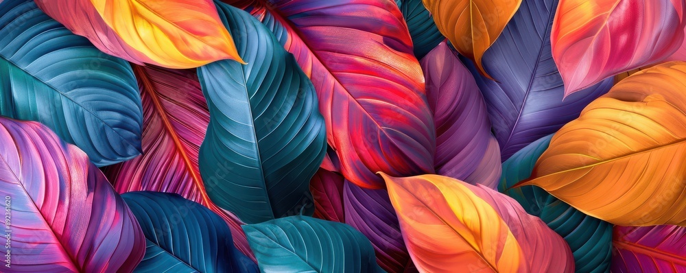 A colorful background of leaves with a blue and orange leaf in the middle. Free copy space for text. A colorful background of leaves with a blue and orange leaf in the middle. Free copy space for text.