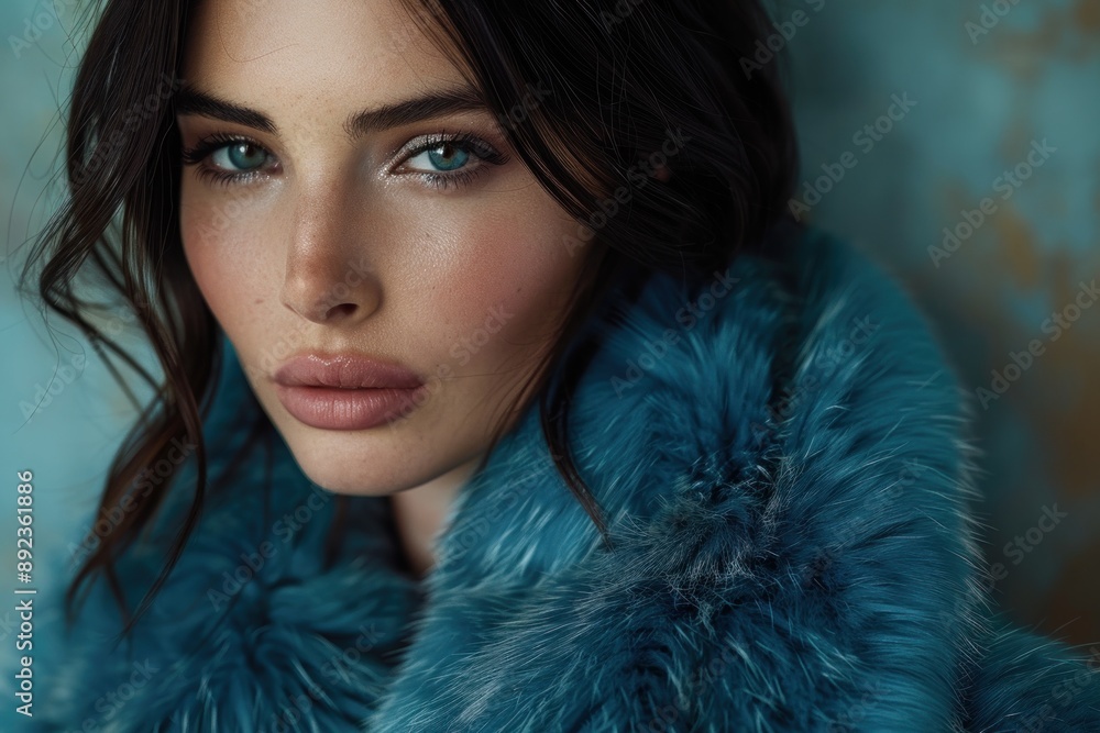 Beautiful woman in a chic blue fur coat, captured with dynamic composition and dramatic lighting. Her luxurious appearance is highlighted, with her impeccable style and perfectly styled hair. The Beautiful woman in a chic blue fur coat, captured with dynamic composition and dramatic lighting. Her luxurious appearance is highlighted, with her impeccable style and perfectly styled hair. The