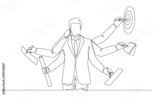 Continuous one line drawing of businessman with multiple hands doing multiple works at once, multitasking skill, work efficiency concept, single line art.