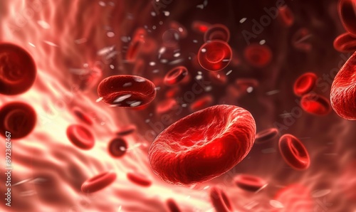 A close up of red blood cells in motion. Free copy space for text.