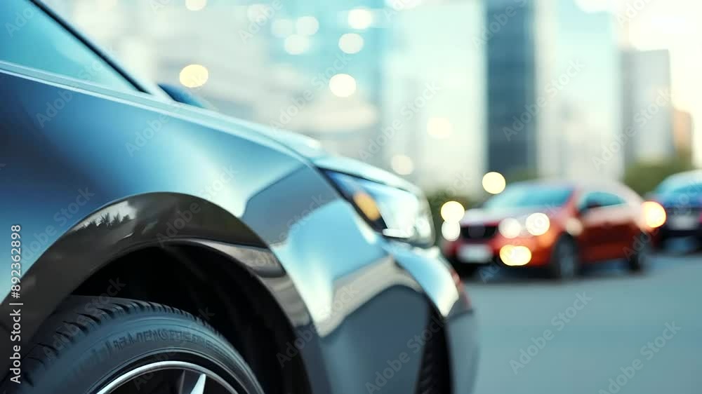 Closeup low angle view of a businessman in a sleek gray suit and polished black shoes standing beside a car wheel. Luxury rental vehicle for urban work travel and transportation, professional manager Closeup low angle view of a businessman in a sleek gray suit and polished black shoes standing beside a car wheel. Luxury rental vehicle for urban work travel and transportation, professional manager