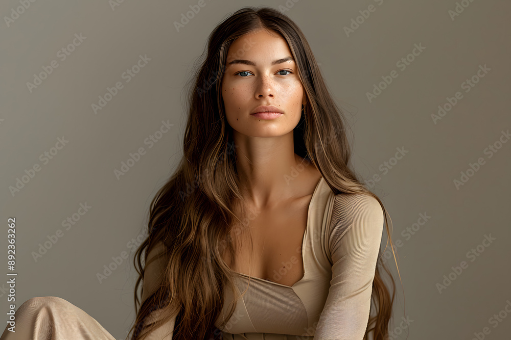 Female hair model wearing beige earthy blouse facing camera on light background Female hair model wearing beige earthy blouse facing camera on light background