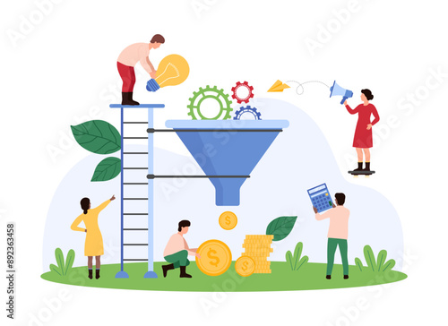 Creative idea to make money, project optimization, monetization process. Tiny people throw gear and bright light bulb into funnel to convert into gold coins of profit cartoon vector illustration