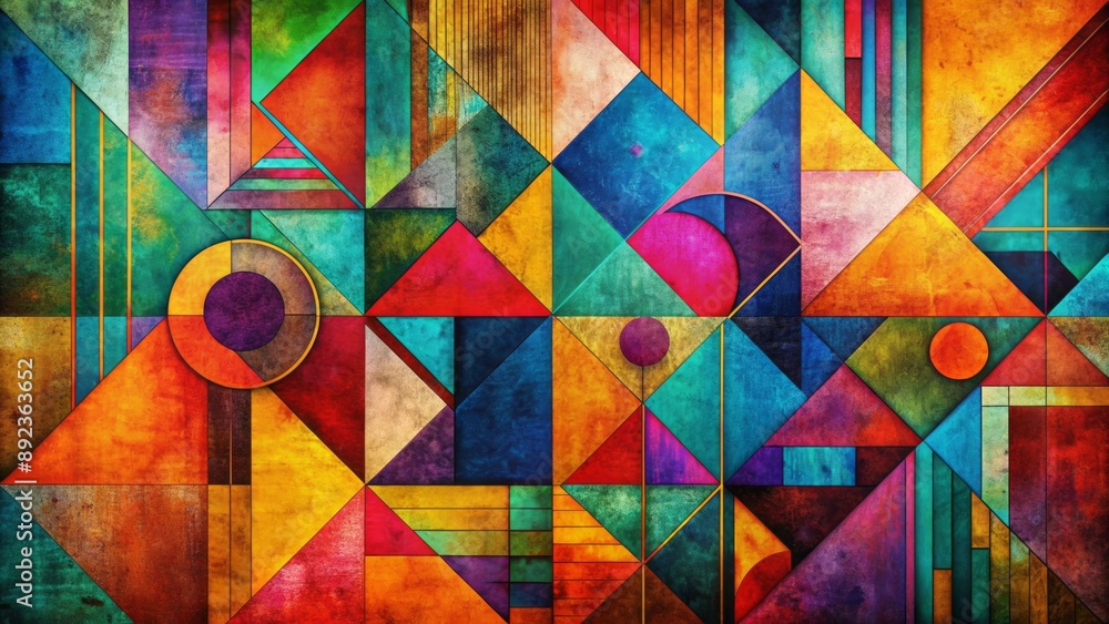 Fototapeta premium Vibrant geometric shapes and lines in bold colors form a mesmerizing abstract composition on a distressed textured background.
