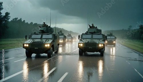 An armored convoy on a rain-soaked road, with puddles splashing and dark, heavy clouds overhead
 photo