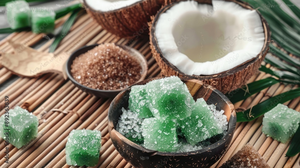 A vibrant display of green coconut jelly cubes, brown sugar, and fresh coconuts on a bamboo mat. A vibrant display of green coconut jelly cubes, brown sugar, and fresh coconuts on a bamboo mat.