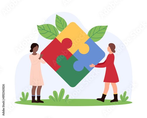 Business teamwork for solving problem and dilemma, goal achievement. Tiny people holding puzzle jigsaw with four pieces to connect, building partnership challenge together cartoon vector illustration