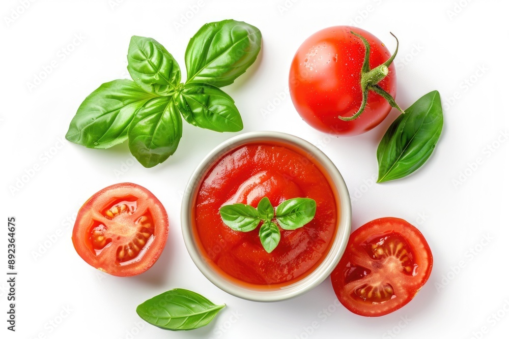 Fresh tomatoes and basil surround a bowl of homemade tomato sauce Fresh tomatoes and basil surround a bowl of homemade tomato sauce