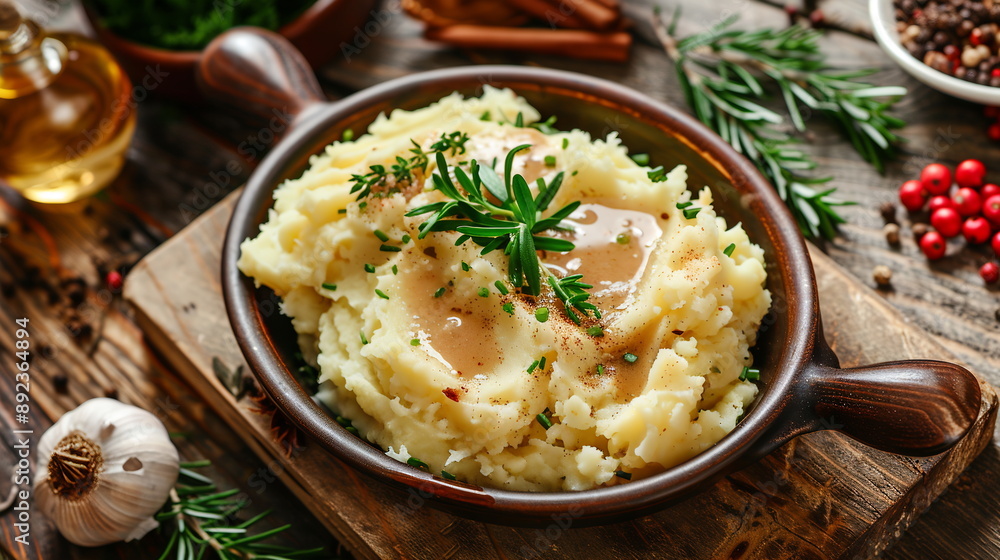 A platter of roasted garlic mashed potatoes with a golden-brown crust, served alongside gravy and fresh herbs, as a comforting side dish for Christmas dinner. Festive atmosphere of Christmas New Year A platter of roasted garlic mashed potatoes with a golden-brown crust, served alongside gravy and fresh herbs, as a comforting side dish for Christmas dinner. Festive atmosphere of Christmas New Year