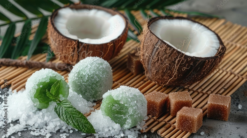 A visually appealing arrangement of coconuts, sweets, and mint leaves on a bamboo mat. A visually appealing arrangement of coconuts, sweets, and mint leaves on a bamboo mat.