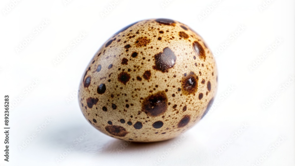 Delicate brown-speckled quail egg sits solitary on a pristine white background, its tiny size emphasizing its fragile beauty. Delicate brown-speckled quail egg sits solitary on a pristine white background, its tiny size emphasizing its fragile beauty.