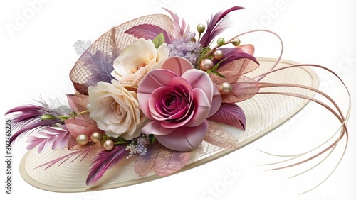 Elegant fascinator hat adorned with feathers and flowers isolated on transparent background, perfect for fashion and wedding illustrations. photo