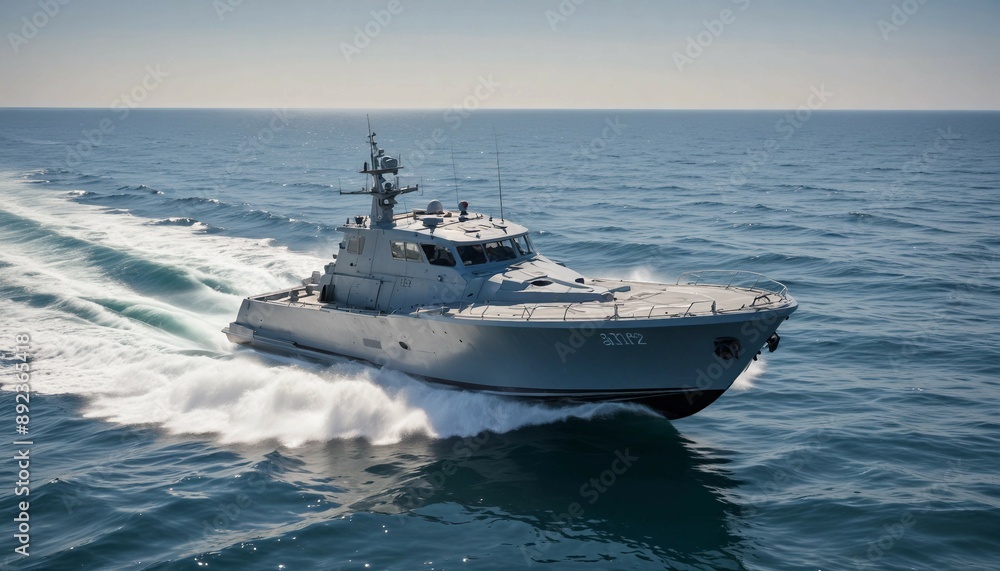 A fast attack boat slicing through calm waters on a clear summer day, with a bright blue sky and sunlit waves
A fast attack boat slicing through calm waters on a clear summer day, with a bright blue sky and sunlit waves