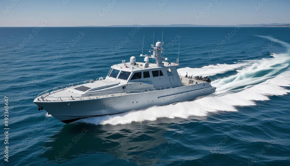 A fast attack boat slicing through calm waters on a clear summer day, with a bright blue sky and sunlit waves
A fast attack boat slicing through calm waters on a clear summer day, with a bright blue sky and sunlit waves