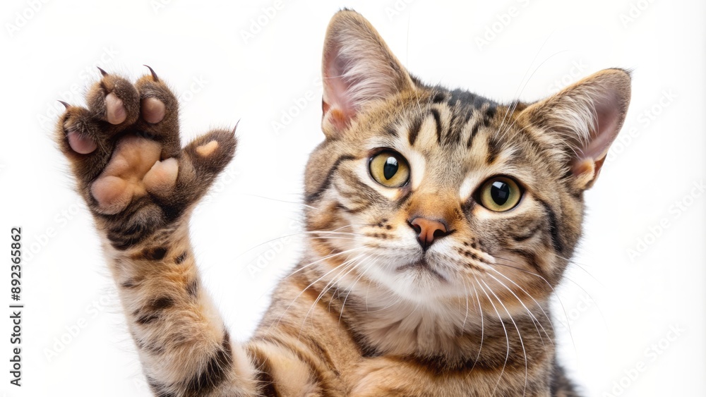 Adorable happy cat giving high five with paw, isolated on white background, showcasing playful and affectionate feline personality.