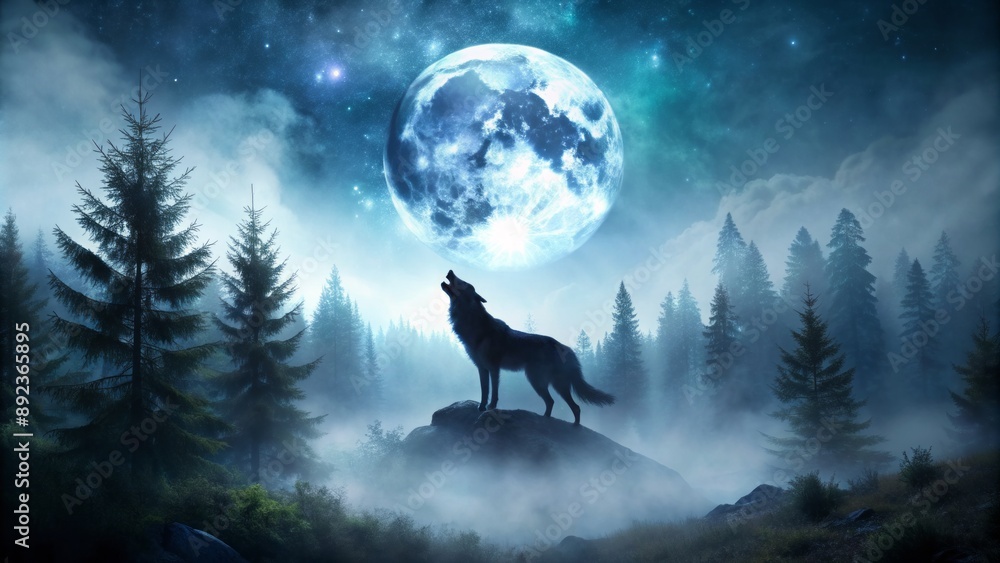 Moonlit forest scene with a majestic wolf howling at the night sky, mist surrounding the trees in a haunting atmosphere. Moonlit forest scene with a majestic wolf howling at the night sky, mist surrounding the trees in a haunting atmosphere.