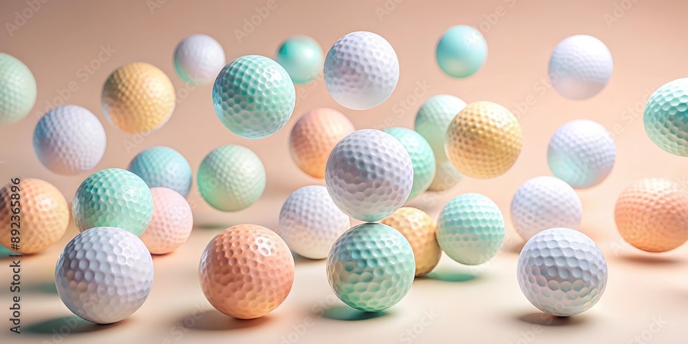 A background of many pastel golf balls together close up on a soft peach background. Dynamic sports background minimalistic repeating pattern. A background of many pastel golf balls together close up on a soft peach background. Dynamic sports background minimalistic repeating pattern.
