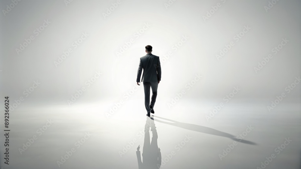 Lone masculine figure walking away in translucent silhouette isolated on pure white background with subtle shadows and gentle minimalist ambiance. Lone masculine figure walking away in translucent silhouette isolated on pure white background with subtle shadows and gentle minimalist ambiance.