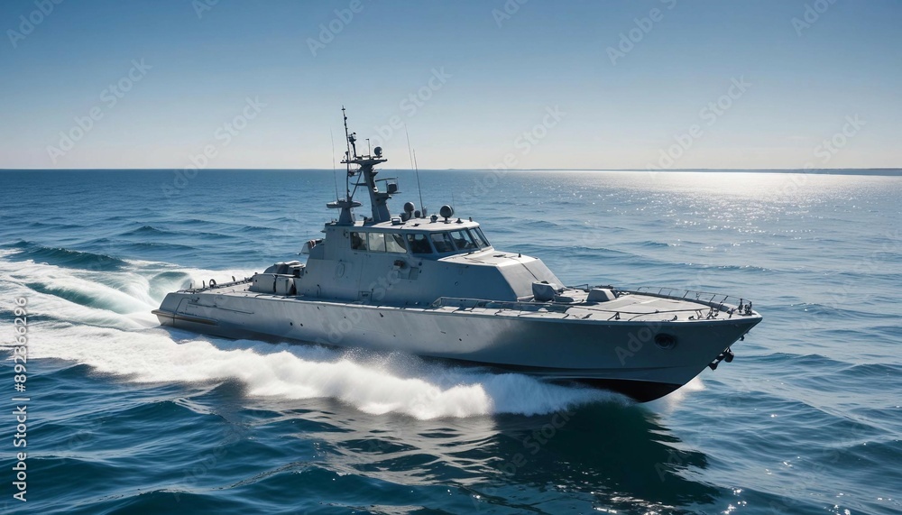 Obraz premium A fast attack boat slicing through calm waters on a clear summer day, with a bright blue sky and sunlit waves 