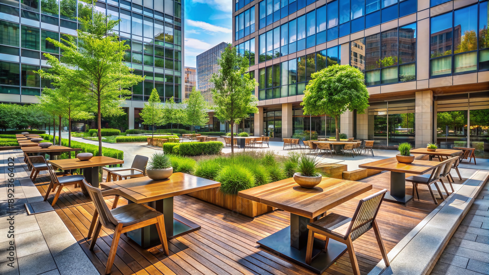 Modern downtown office building outdoor plaza features stylish seating ...