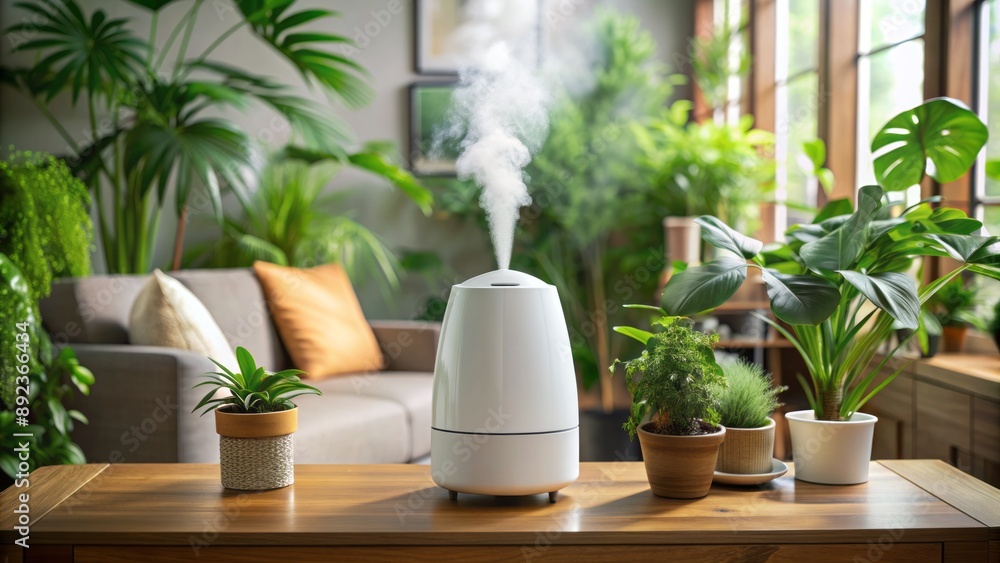 A modern white humidifier device on a wooden table amidst lush green plants in a serene, naturally lit living room. A modern white humidifier device on a wooden table amidst lush green plants in a serene, naturally lit living room.