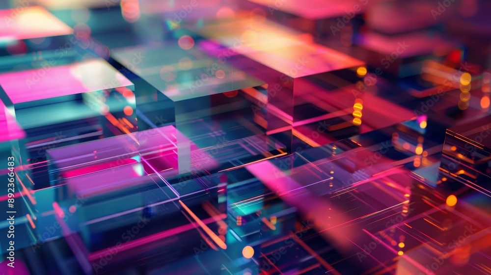 3D rendering of colorful glowing cubes with reflective surfaces 3D rendering of colorful glowing cubes with reflective surfaces