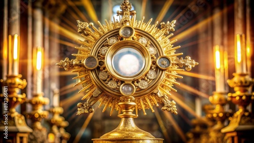 Golden monstrance with ornate details holds consecrated host, radiant light surrounds sacred body of Christ, symbolizing divine sacrifice.