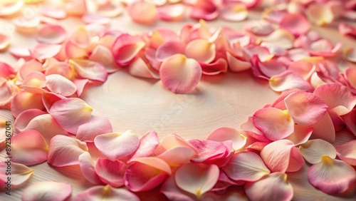 Delicate, soft-focus rose petals arranged in a circular pattern, creating a dreamy, romantic, and whimsical Valentine's Day-inspired background scene.
