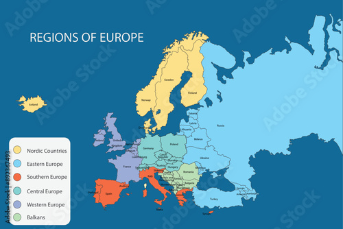 Europe Continent map and Union Regions vector
