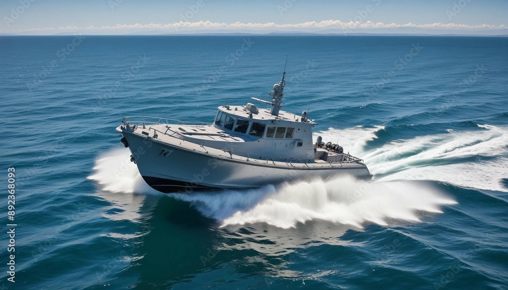 A fast attack boat slicing through calm waters on a clear summer day, with a bright blue sky and sunlit waves
A fast attack boat slicing through calm waters on a clear summer day, with a bright blue sky and sunlit waves
