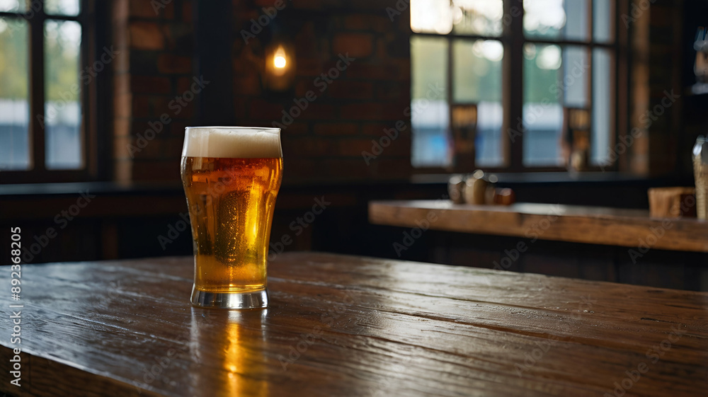 Beer on the bar on a wooden table, Glass of beer on a wooden table in a restaurant Beer on the bar on a wooden table, Glass of beer on a wooden table in a restaurant