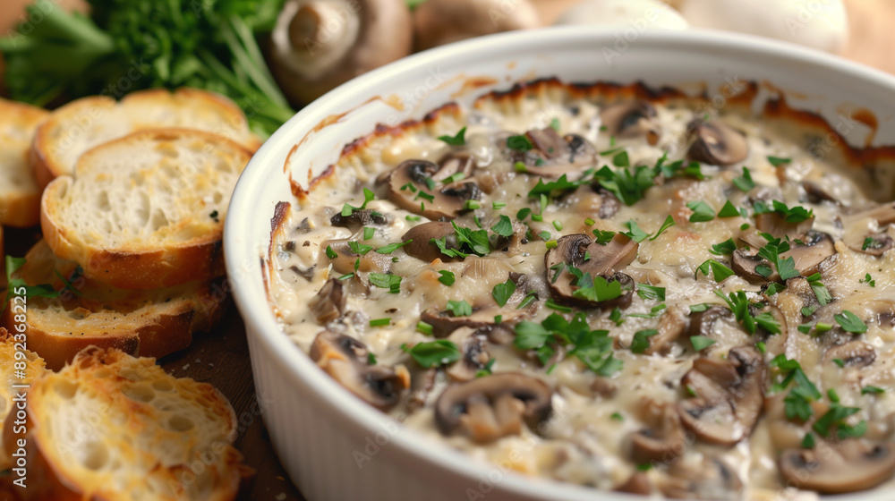 Close-up to a tasty freshly cooked stuffed mushroom dip with greens in a bowl with bread around Close-up to a tasty freshly cooked stuffed mushroom dip with greens in a bowl with bread around