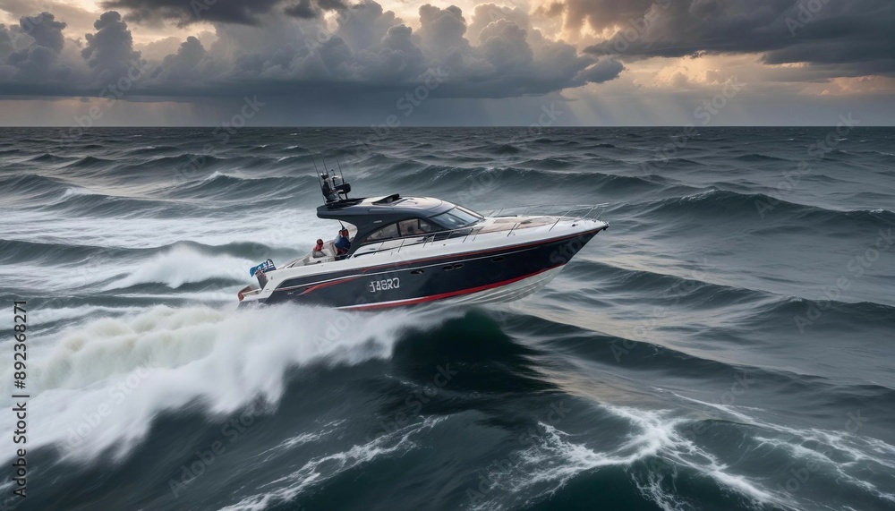 Fototapeta premium A high-speed boat maneuvering through choppy waters at dawn, with the first light of day breaking through storm clouds 